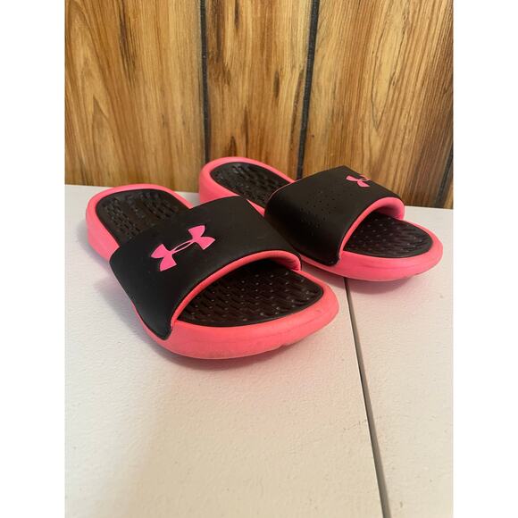 Under Armour Youth size 3 Y hot pink & black slip on flip‎ flop slide unisex - Picture 5 of 7